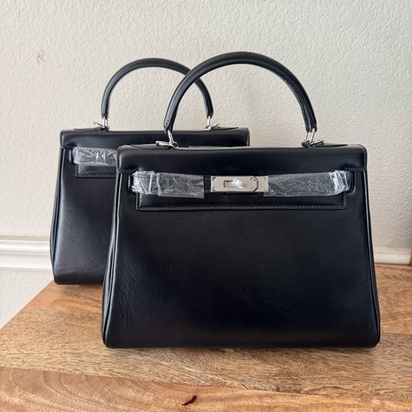 None Handbags - LEATHER INSIDE & OUT | Black 28 Belted Smooth Leather Top Handle Bag Silver HW